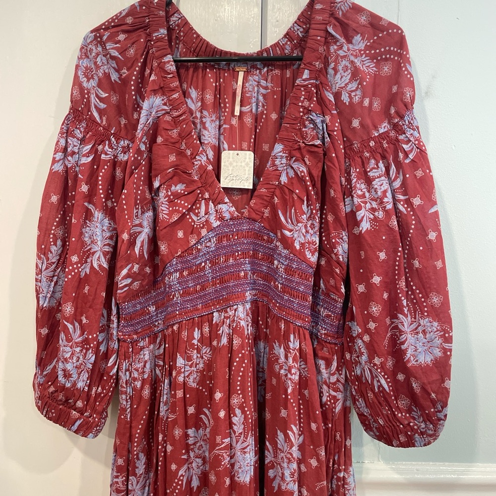 Red Free People Floral Long Sleeve Maxi Dress
